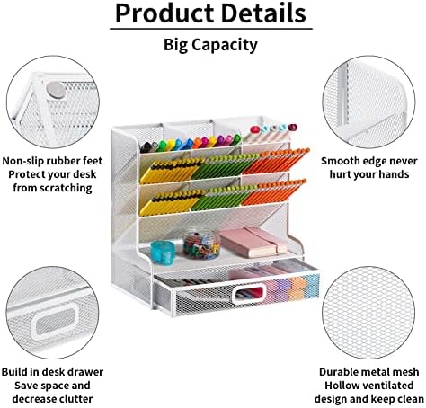 Marbrasse Mesh Desk Organizer - Multi-Functional Pen Holder with Drawer, Desktop Stationary Storage Rack for School, Home, Office, Art Supplies (White Mesh)