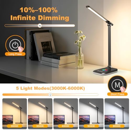 LED Desk Lamp,5 Color Modes, USB Charging Port for Home Office Dimmable Eye Caring Table Light with Timer for Work Study,Reading Lamp Touch Control with RGB,Flexible Rotation Design