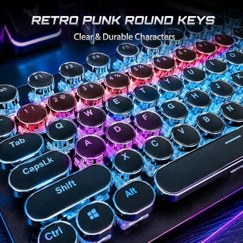 RK ROYAL KLUDGE S108 Typewriter Mechanical Keyboard, Wired Gaming Keyboard with Number Pad, Full Size Retro Keyboards w/Detachable Wrist Rest for Mac/Win/PC, Clicky Blue Switch, Rainbow Backlit Black