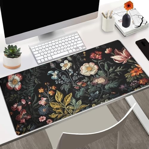 Floral Desk Mat Dark Academia Vintage Aesthetic Desk Pad Flower Plant Large Gaming Mousepad Black Extended Mouse Pad XXL Laptop Computer Mouse Keyboard Mat 31.5 x 15.7 Office Desk Decor