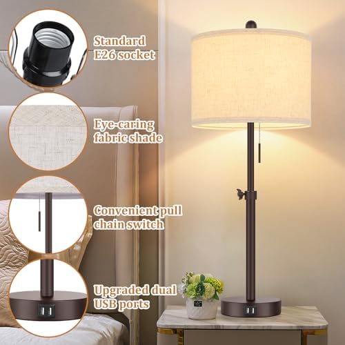 Modern Brown Table Lamps Set of 2, 23’’-30’’ Adjustable Bedroom Lamps with 2 USB Ports, Living Room Lamp Set with Cream Linen Shade, Industrial Desk Lamp for Nightstand End Table Home Office Reading