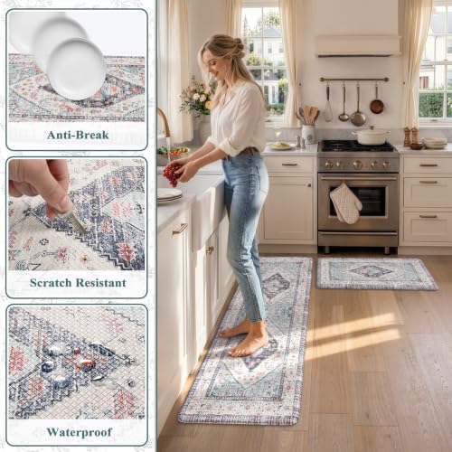 KIMODE Anti Fatigue Kitchen Mats,Boho Vintage Kitchen Rugs Sets of 2 Blue