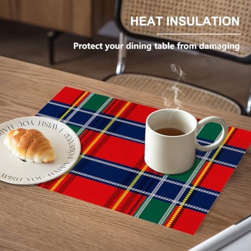 Royal Stewart Tartan Linen Placemats, Classic Red Scottish Plaid Green Table Mats for Table Washable Heat Insulation Thick Dining Mat, Indoor