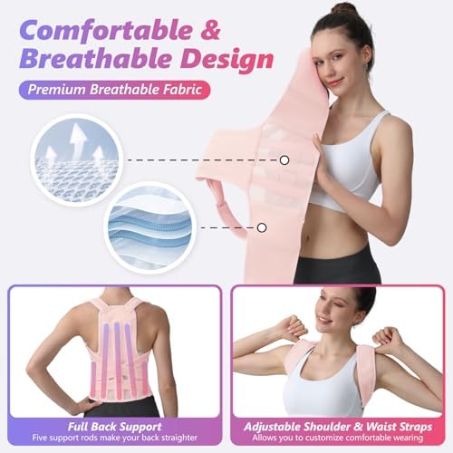 Posture Corrector for Women and Men, Adjustable Shoulder Straightener with Full Back Support, Relief for Lower & Upper Back Pain, Spine, Scoliosis Relief (Pink, Small)