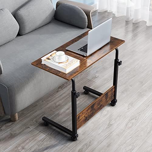 TV Tray Bed Side Table, Portable Rolling Desk Hospital Bed Laptop Table, Small Standing Desk with Wheels Adjustable Height for Sofa, Bedside, Tablet Use, Secure Non Tilt, 31.5" W, Brown