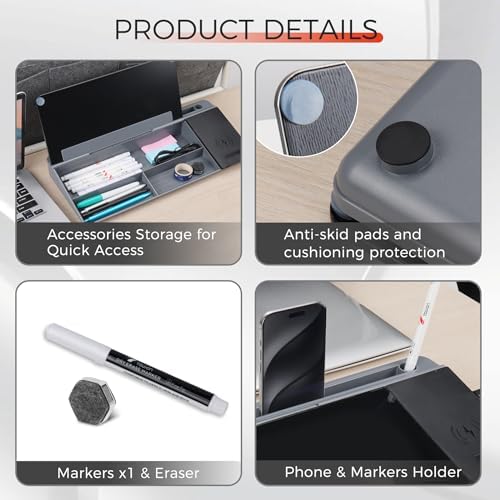 TOWON Glass Desk Whiteboard 16x7 in, Wireless Charger and Storage, Black