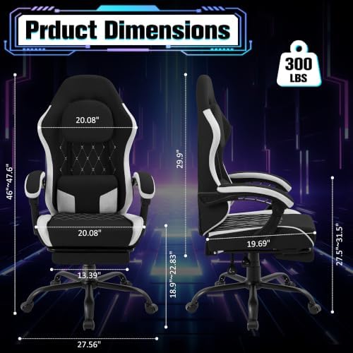 Gaming Chair with Footrest, Ergonomic Fabric Desk Chair, Black