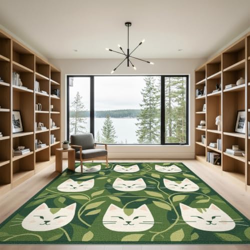 9'x12' Green Cat Forest Faces Interlinked by Washable Area Rug