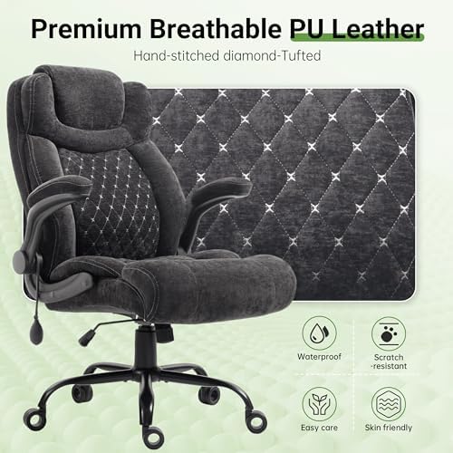 Office Chair, Big and Tall Executive Chair with Air-Lumbar Support, Breathable Desk Computer Chair with Adjustable Flip-up Armrests, Wide Cushion Seat Swivel Home Office Chair