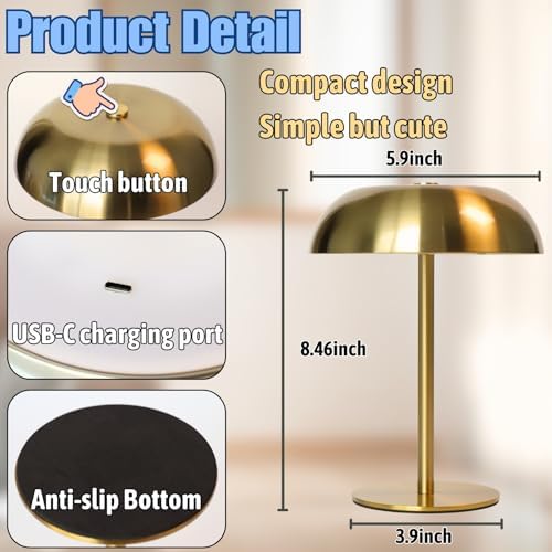2 Pack Cordless Mushroom Table Lamp, Rechargeable, Dimmable 3 Color, Black