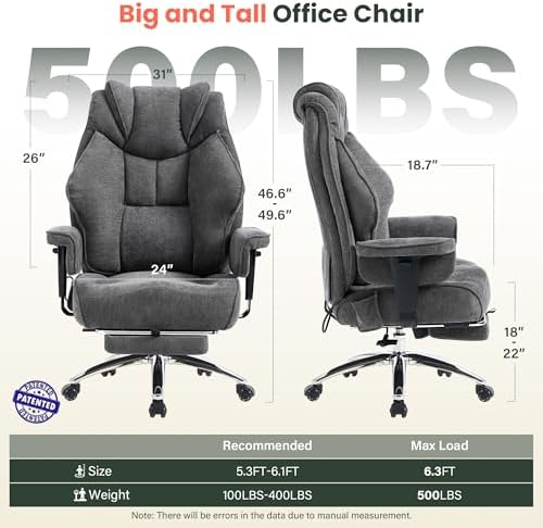 CIOMAN 500lbs Big and Tall Office Chair Adjustable Lumbar Support, Extra Wide Seat Ergonomic Gaming Chair with Footrest, Heavy Duty High Back Executive Leather Computer Desk Chair, Grey