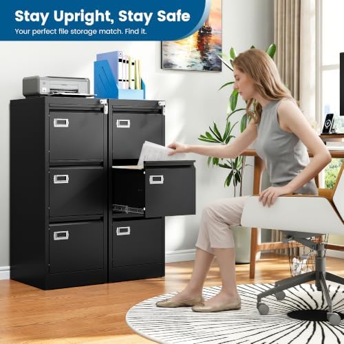 PEUKC 3-Drawer File Cabinet, 16.3" Deep Vertical Filing Cabinet with Lock, Metal File Cabinet for Home Office, Anti-Tip 3 Storage Drawers for Letter/Legal/A4/F4 Size, Assembly Required, Black