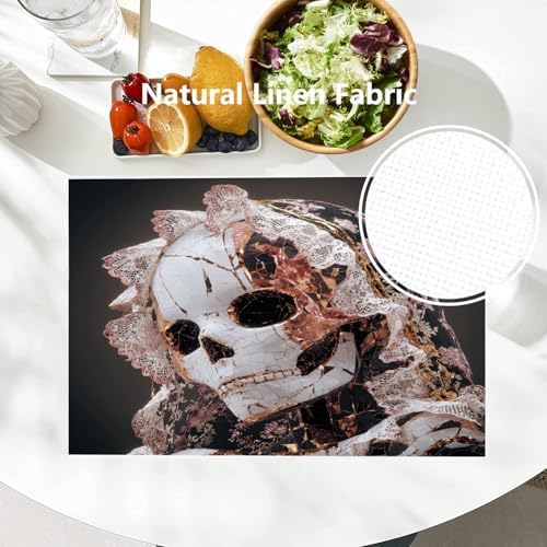 Batmerry Porcelain Skeleton Lace Linen Placemats Set of 4, Cracked Gilded Floraldecorated Washable Table Mats for Kitchen Table Thickened Heat Insulation Dining Set Indoor Outdoor 12X18 in