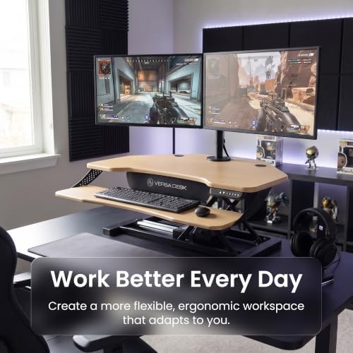 VERSADESK PowerPro Elite Smart Corner Standing Desk Converter, Electric Adjustable Desk Riser w/ Keyboard Tray, USB C Ports & App Control, Dual Monitor Stand for Home Office & Gaming, (Maple, 36")