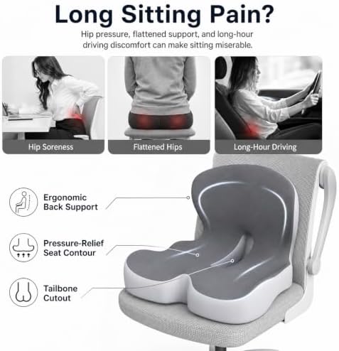Celinva Orthopedic Seat Cushion – L-Shaped Lumbar Support Memory Foam Comfort for Long Sitting, Ergonomic Support for Office Chair, Wheelchair, Car & Travel (Black&Gray)