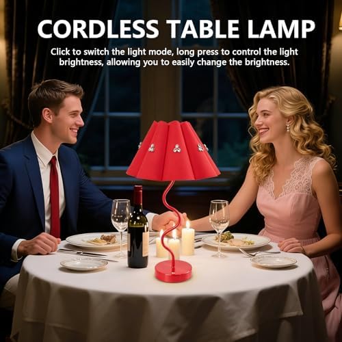 Cordless Rechargeable LED Table Lamp, Portable Desk lamp Battery, 3 Color Stepless Dimming with Memory Function, Suitable for Outdoor, Dinner, Patio & Restaurant. (red with Diamonds)