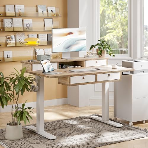 TIQLAB 48 * 28 Inch Standing Desk with Four Drawers, Electric Sit Stand Table, Stand Up Desk Adjustable Height with Storage Shelf, Splice Board, Maple