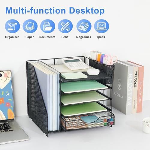 5-Tier Desk Organizer with Drawer and Pen Holder, Black
