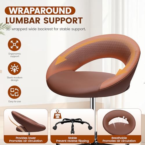 Rolling Bar Stool with Back Support & Wheels, PU Leather Brown