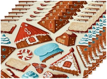 Shrahala Christmas Gingerbread Houses Set of 6 12 X 18 Inch Linen Placemats, Christmas Dessert Candy Tree Burlap Table Mat Washable Double Layered Heat Insulation for Indoor