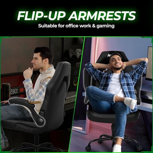 N-GEN GAMING Video Gaming Chair Ergonomic Office Desk Chair with Lumbar Support Adjustable Height Padded Flip Up Arms and Swivel Wheels Racing Style Design for Adults with PU Leather (Black)