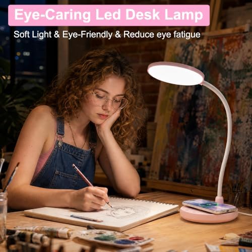 Pink Desk Lamp, Cute Desk Lamp for Girls, Wireless Charger, Dorm