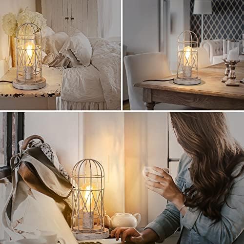 Small Table Lamp, 3-Way Dimmable Bedside Lamp with Brushed White Oak Cage