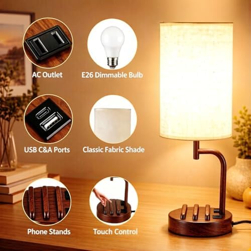 Dreamholder Touch Control USB Table Lamp with USB C/A & AC Outlet, 3-Way Dimmable Bedside Lamp, Modern Nightstand Lamps for Bedroom Living Room Guest Room Office, Bulb Included, Walnut