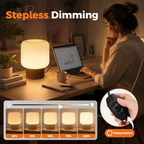 VOLISUN Mushroom Lamp, Plug-in Table Lamp with White Glass Shade, 2700K Warm White & Stepless Dimming, Modern Bedside Lamp for Bedroom, Living Room and Home Decor, 1 Pack (Brown)