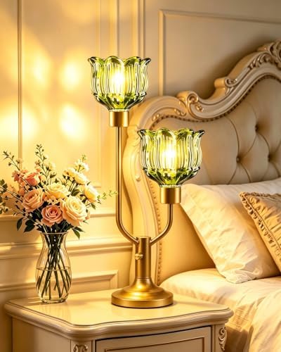 Flower Table Lamp for Bedroom Dimmable Vintage Green Glass Lamp