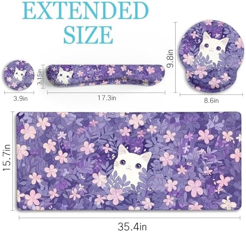 LIMKRIAN Purple Mouse Pad Large Desk Mat Set, Kawaii Cat Gaming Mousepad