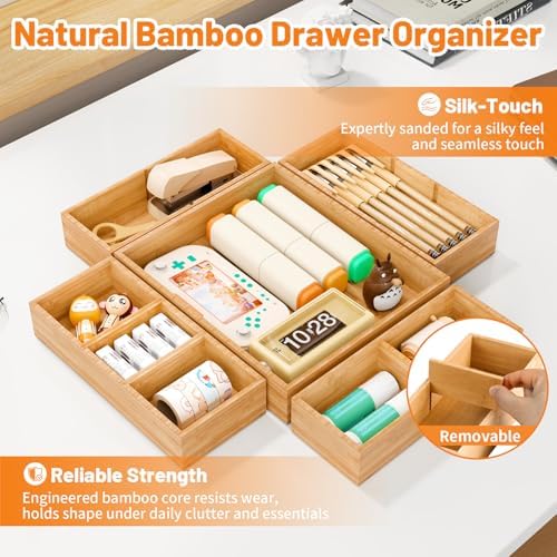 Bamboo Drawer Organizer, 5-Piece Stackable Trays with Removable Dividers