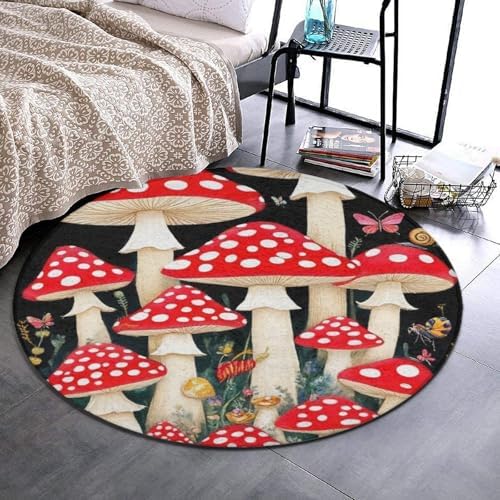 Soft Round Yoga Carpet, Large Home Decor Mat, Non Slip Machine Washable Kitchen Office Circle Rug Wild Mushrooms