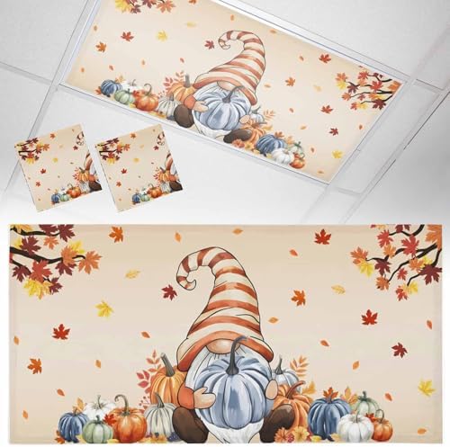Thanksgiving Autumn Magnetic Fluorescent Light Covers for Ceiling Lights 2 x 4 Feet,Fall Gnomes Blue Pumpkin Maple Leaves Office Classroom Kitchen Drop Ceiling Light Covers Filters Shade Panel 2 Packs