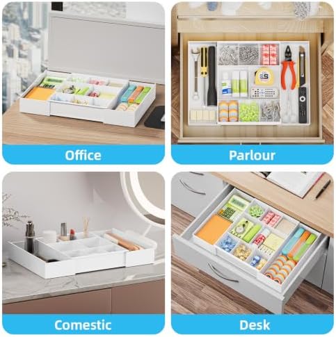 Marbrasse Expandable Desk Drawer Organizer, Clear Plastic Drawer Organizer Tray with 10 Adjustable Compartments, Desk Organizers and Accessories, 5 Drawer Dividers for Office Supplies, Makeup(White)