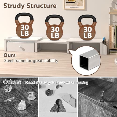 LAND·VOI Heavy Duty Dual Monitor Stand, Holds 2 Screens Up to 27 Inches, Adjustable Length and Angle Monitor Riser, Desk Organizer with Side Pockets and Drawers, Home Office Desk Storage, White