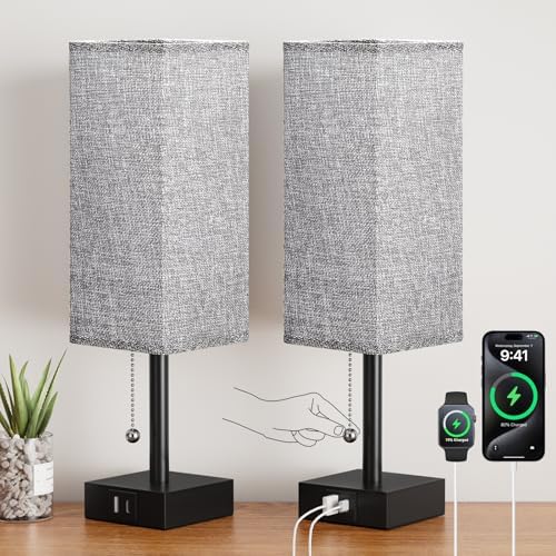 Set of 2 Grey Bedside Table Lamps for Bedroom - Nightstand Lamp, USB C+A