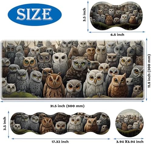 4 in 1 Mouse Pad Combo, Large Gaming Mouse Pad + Keyboard Wrist Support + Mouse Wrist Rest + Coaster, Table Pad 31.5 "x 11.8" with Memory Foam Ergonomic Wrist Pad Set, Many Owl