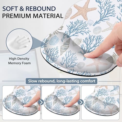 Starfish Wrist Rest Support for Mouse Pad Keyboard Set, Coral Shells Mouse Pad with Non Slip Rubber Base for Home and Office Typing Support