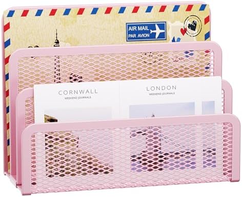 Marbrasse Mail Organizer for Desk, 3-Slot Mesh Metal Mail Holder countertop, Letter Holder, Office Desktop Envelope and Document Storage Rack (Pink)
