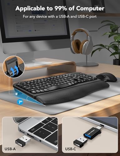 SABLUTE Wireless Keyboard and Mouse Combo with Ergonomic Wave Keys