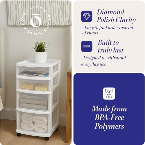 HOMZ Drawer Tower, 4-Tier Storage Cart with Removable Wheels, White Frame