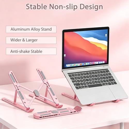 Ergonomic Foldable Computer Stand, 10-Level Height Adjustable Aluminum Laptop Stand, Compatible with 17.3 Inch Laptops, Tablets & Drawing Tablets, for MacBook, HP, Lenovo, Dell (Pink)