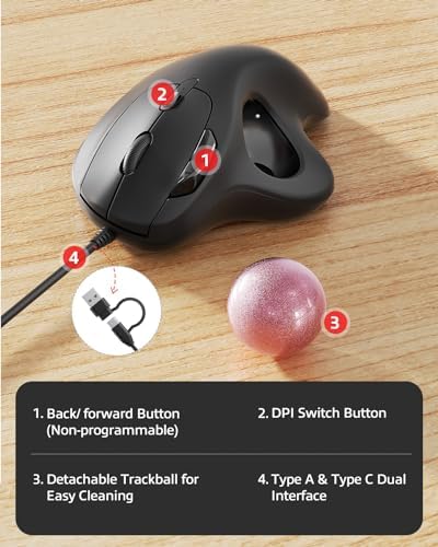Nulea M509 Wired Trackball Mouse Ergonomic Thumb Control Type C USB-Pink