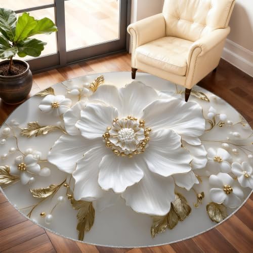 Floral Round Rug - 4ft Washable Relief Floral Round Area Rug for Living Room, Modern Luxury Circle Rugs Soft Non-Slip Carpet for Bedroom Kitchen Dining Table Decor Mat