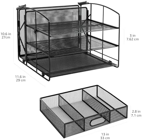 Amazon Basics Sturdy Rectangular Desktop Organizer with 3 Trays, Sliding Drawer and Hanging File Holder for Office Supplies, Black