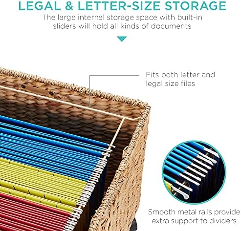 Best Choice Products Handwoven Water Hyacinth Rolling Filing Cabinet, Mobile File Organizer for Hanging Folders W/Lid and Locking Wheels For Home or Office – Natural