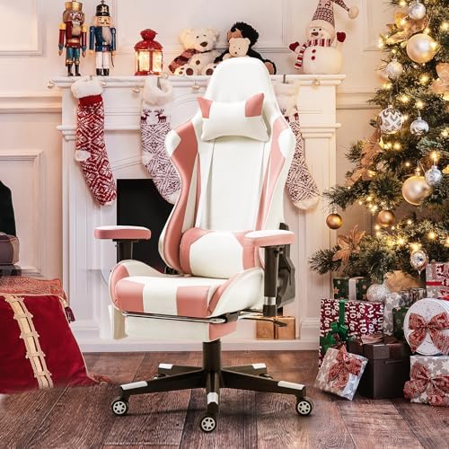 Pink-White Ergonomic High Back Massage Gaming Chair with Footrest