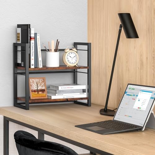 Office Desk Shelf Organizer, Wood Desktop Bookshelf Supplies Storage Rack, Shelf for Top of Desk and Dresser (Brown-2 Tier)