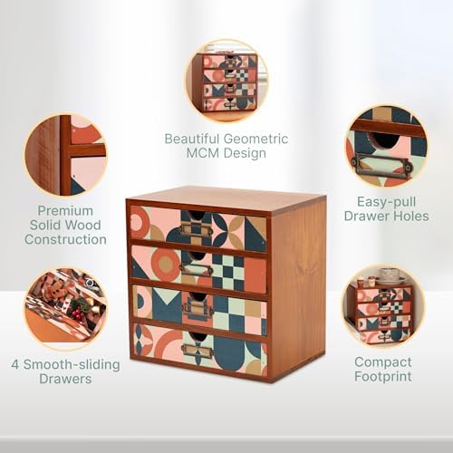 Mid-Century Modern Geometric Pattern Desk Organizer - Earth Tone Desktop Storage with 4-Drawer - Retro Modern Wood Cabinet for Office Supplies, Craft Tools, & Home Organization - MCM Drawer Unit